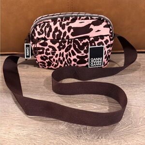 NWOT GANNI Candy Pink & Brown Leopard Print Nylon Tech Festival Crossbody Bag